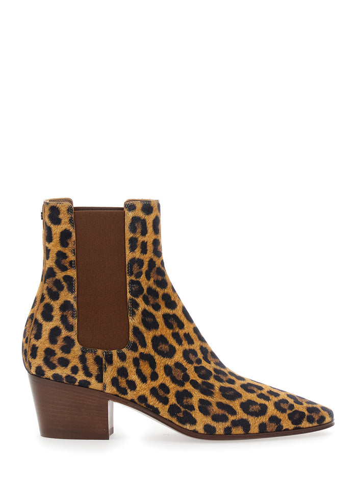 Brown Ankle Boots With All-Over Leopard Print Leather Blend Woman Calf Elastane