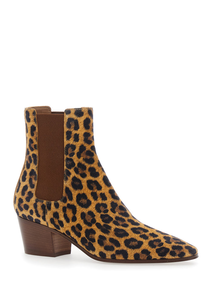 Brown Ankle Boots With All-Over Leopard Print Leather Blend Woman Calf Elastane
