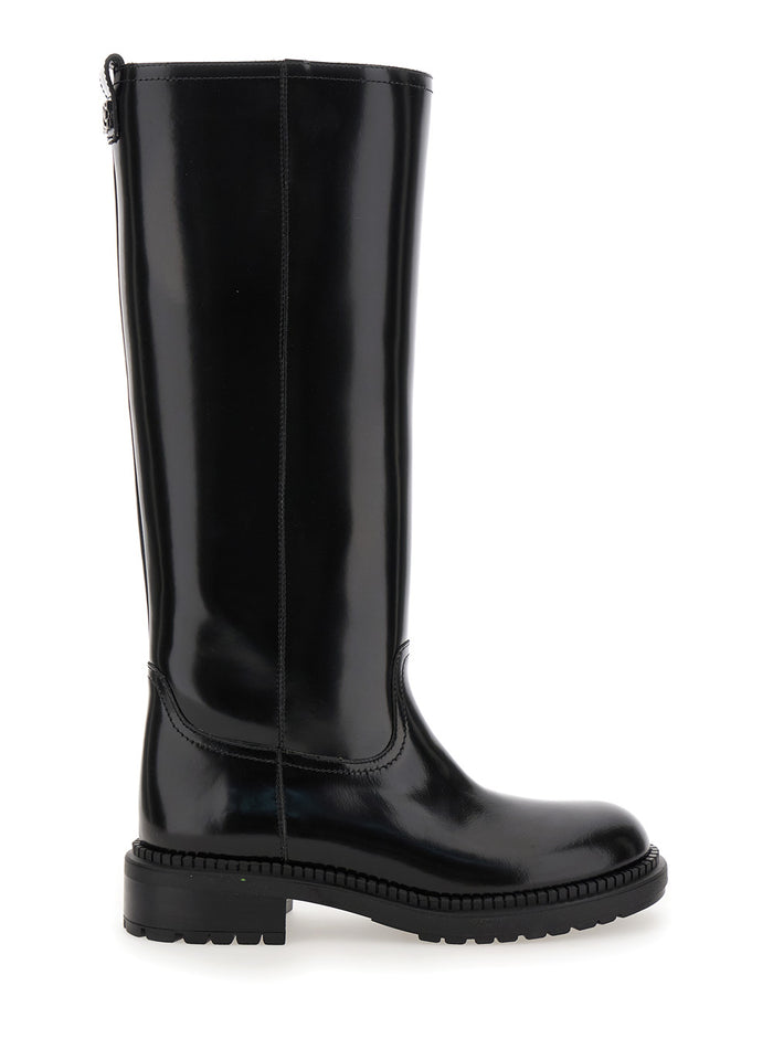 Black Boots With Wide Heel And Zip Closure Leather Woman Calf