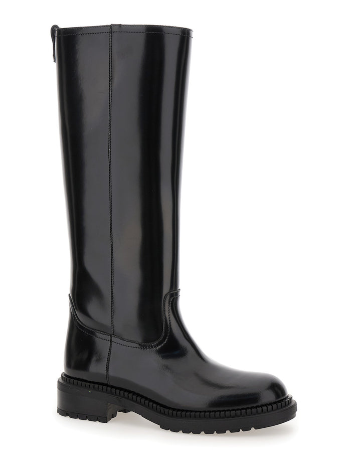Black Boots With Wide Heel And Zip Closure Leather Woman Calf