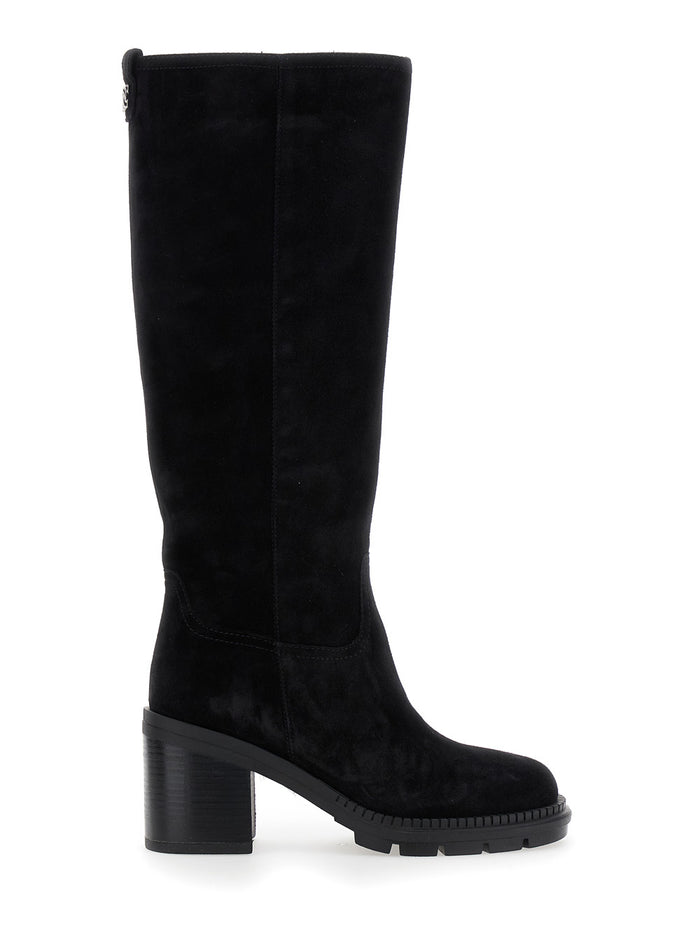 Black Boots With Zip Closure On The Side And Logo Embroidery Rear Suede Woman Calf