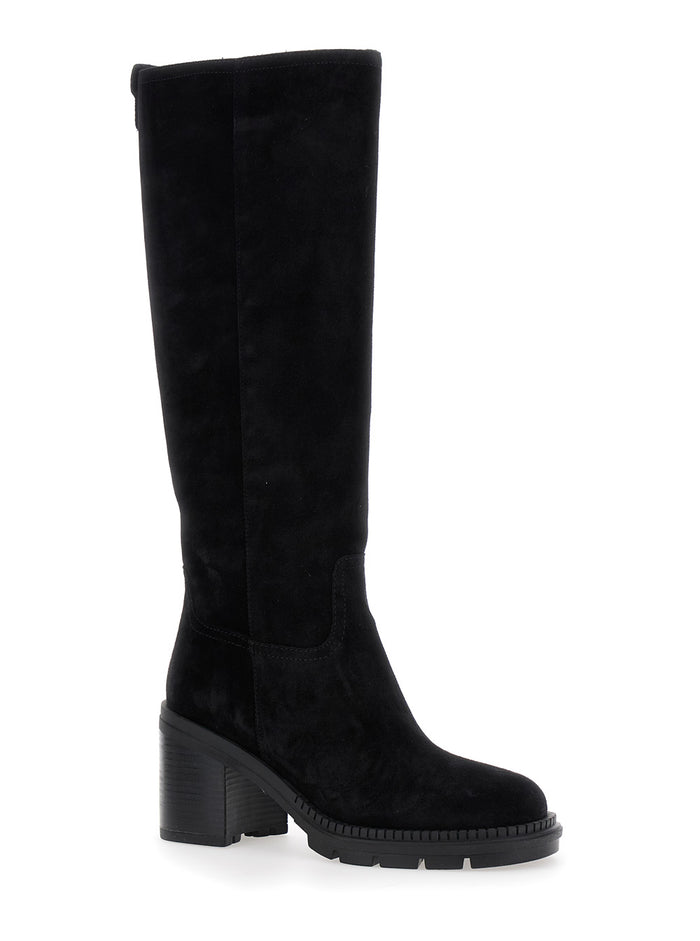 Black Boots With Zip Closure On The Side And Logo Embroidery Rear Suede Woman Calf