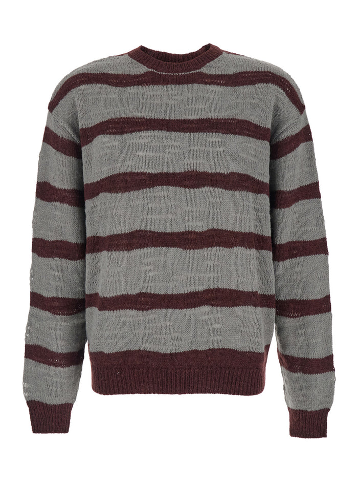 Grey Crew Neck Sweater with All-Over Striped Motif in Wool Blend Man Brown Nylon Acrylic Alpaca Jersey