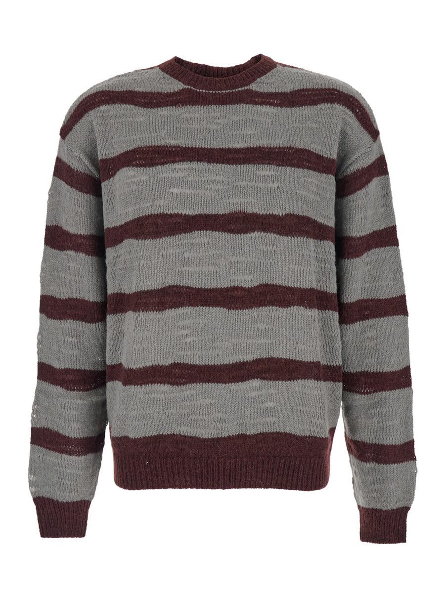 Grey Crew Neck Sweater With Striped Motif Wool Tops