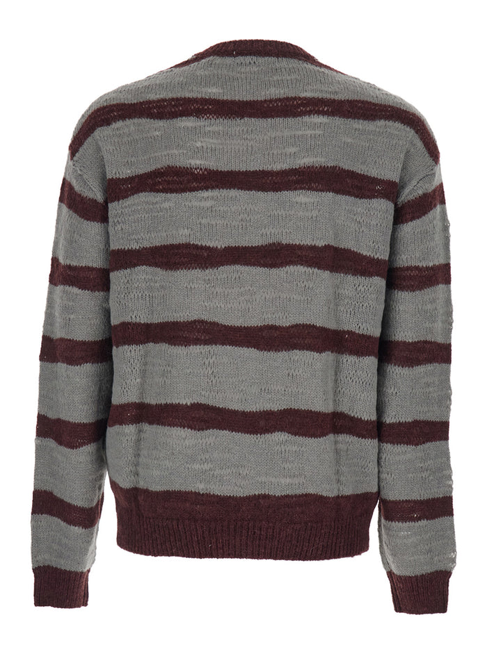 Grey Crew Neck Sweater with All-Over Striped Motif in Wool Blend Man Brown Nylon Acrylic Alpaca Jersey