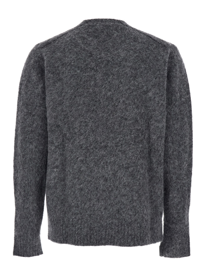 Grey Crewneck Sweater with Ribbed Trims in Wool Blend Man Alpaca Nylon Spandex Jersey