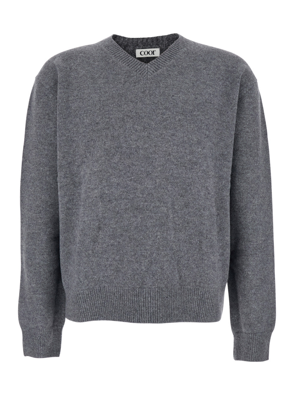 Grey Sweater with V Neck and Ribbed Trims in Wool Man Jersey
