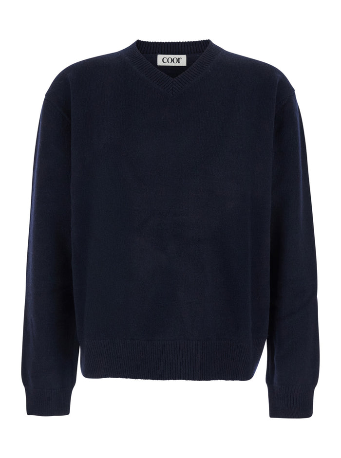 Blue Sweater with V Neck and Ribbed Trims in Wool Man Blu Jersey