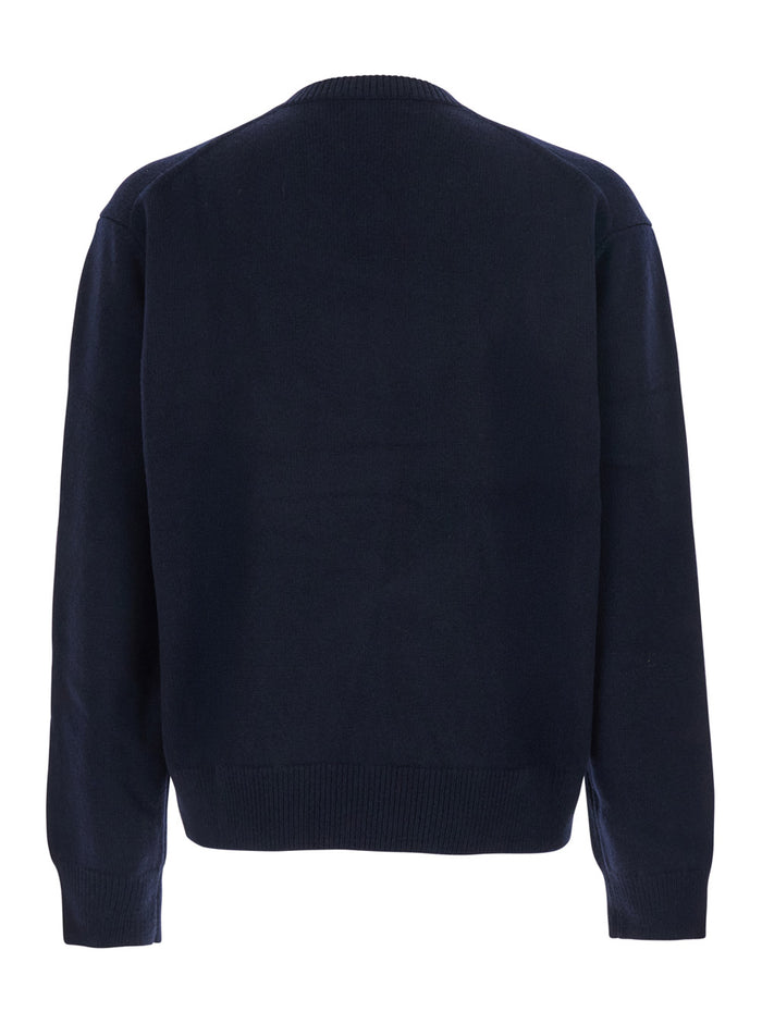 Blue Sweater with V Neck and Ribbed Trims in Wool Man Blu Jersey