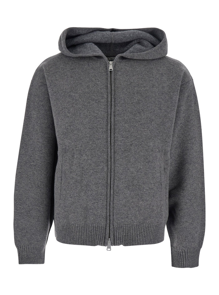 Grey Sweatshirt with Hood and Front Zip Closure in Wool Cashmere Man Sweatshirts