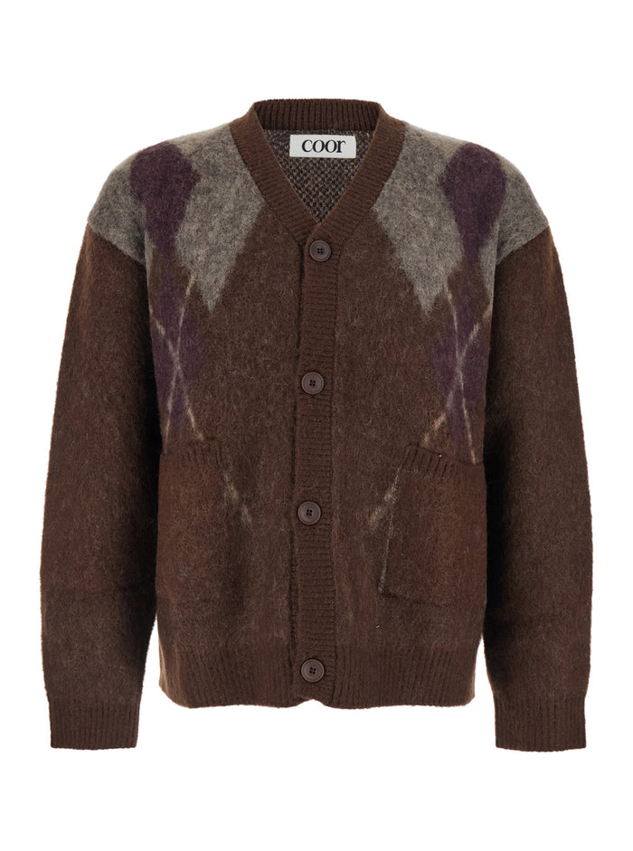 Brown Cardigan with V Neck and All-Over Argyle Motif in Wool Blend Man Mohair Nylon Jersey