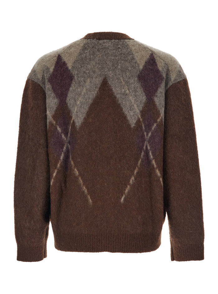 Brown Cardigan with V Neck and All-Over Argyle Motif in Wool Blend Man Mohair Nylon Jersey