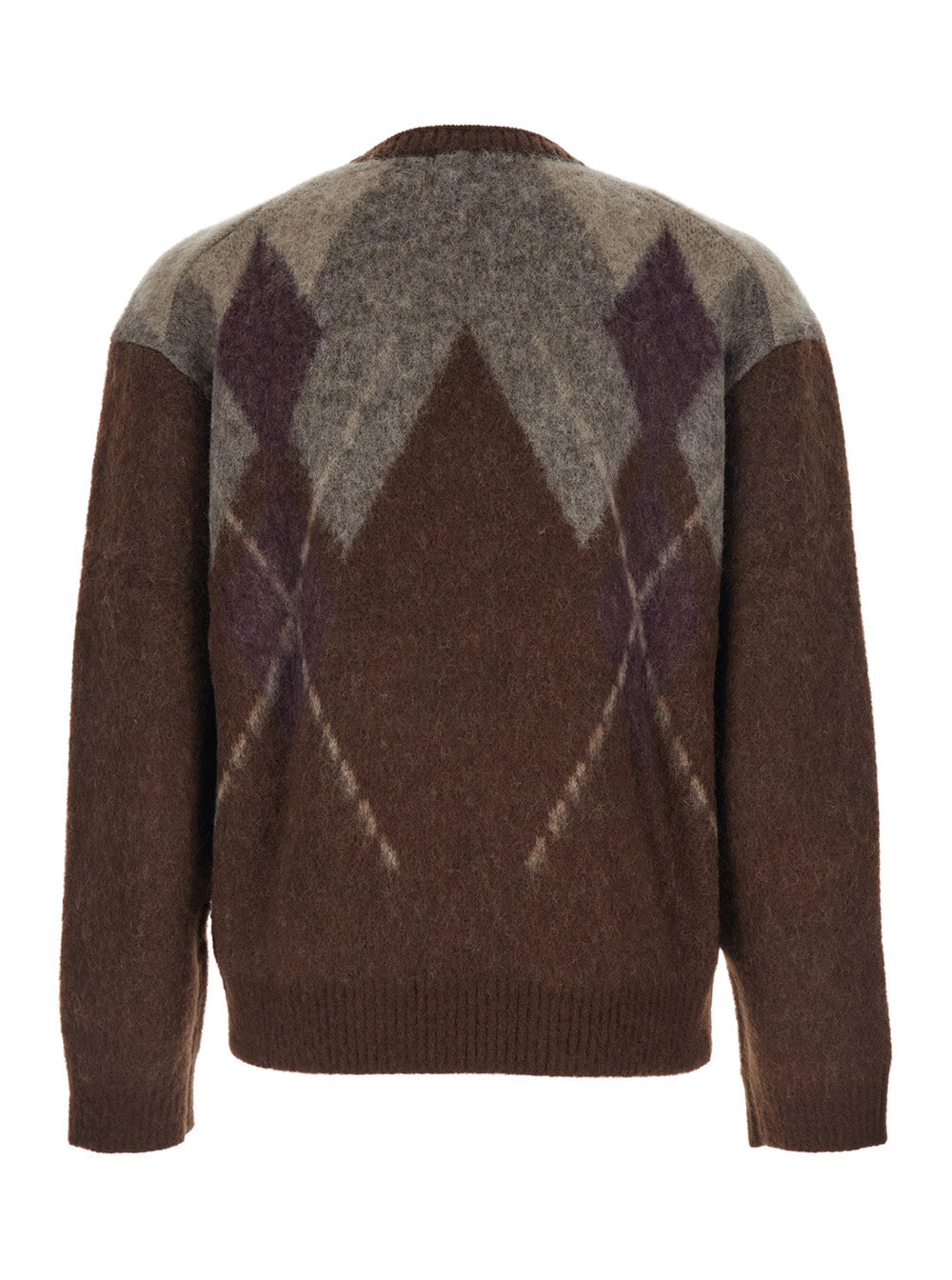 Brown Crewneck Sweater with All-Over Argyle Motif in Wool Blend Man Mohair Nylon Jersey