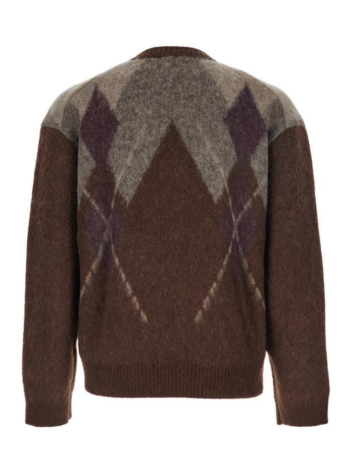 Brown Crewneck Sweater with All-Over Argyle Motif in Wool Blend Man Mohair Nylon Jersey