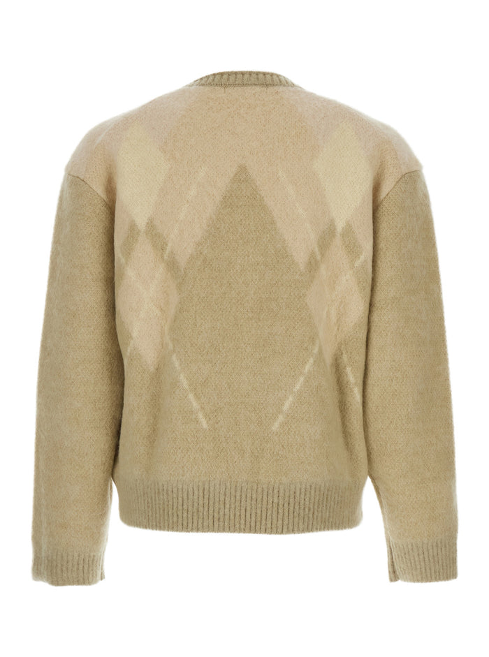 Beige Crewneck Sweater with All-Over Argyle Motif in Wool Blend Man Mohair Nylon Jersey