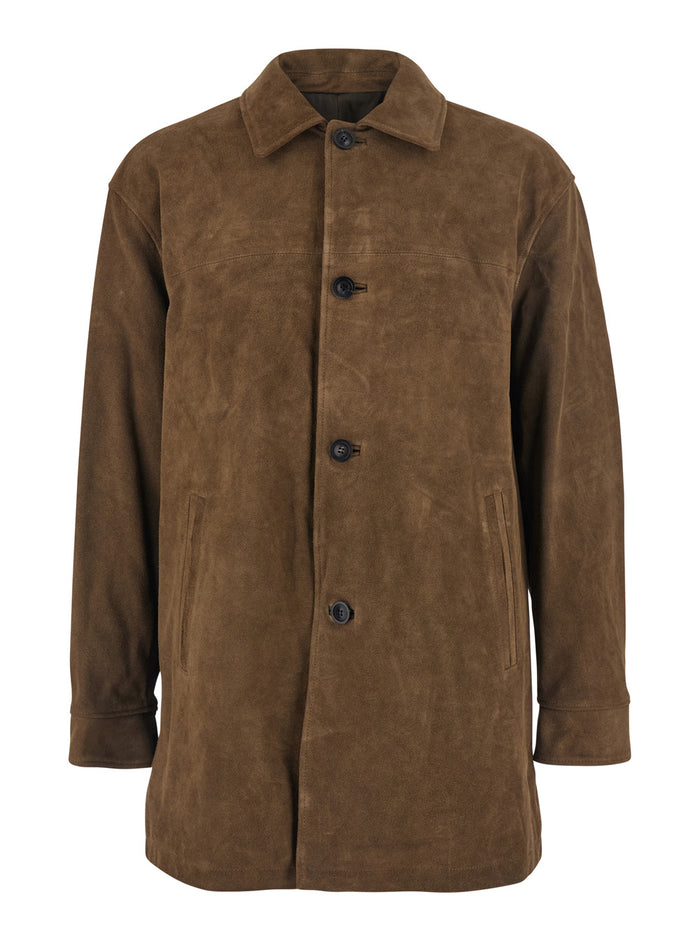 Brown Coat with Classic Collar in Suede Man Cow Outerwear