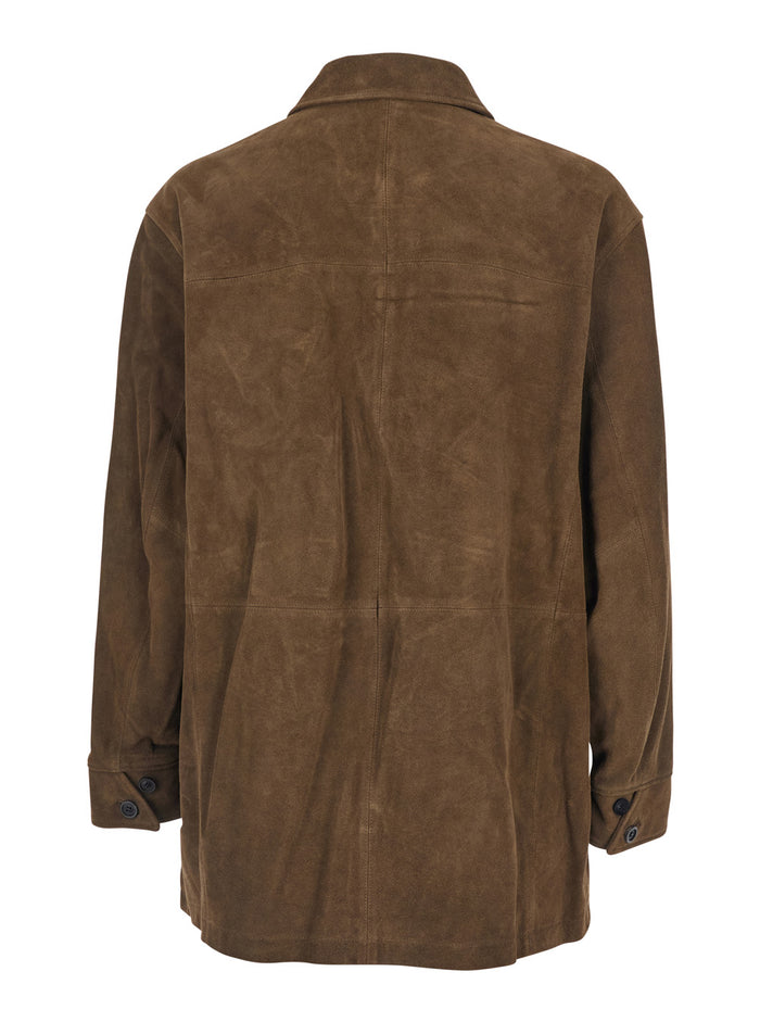 Brown Coat with Classic Collar in Suede Man Cow Outerwear