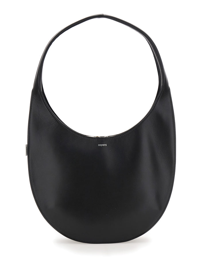 Swipe Medium Black Shoulder Bag with Logo on Front in Leather Woman Cow