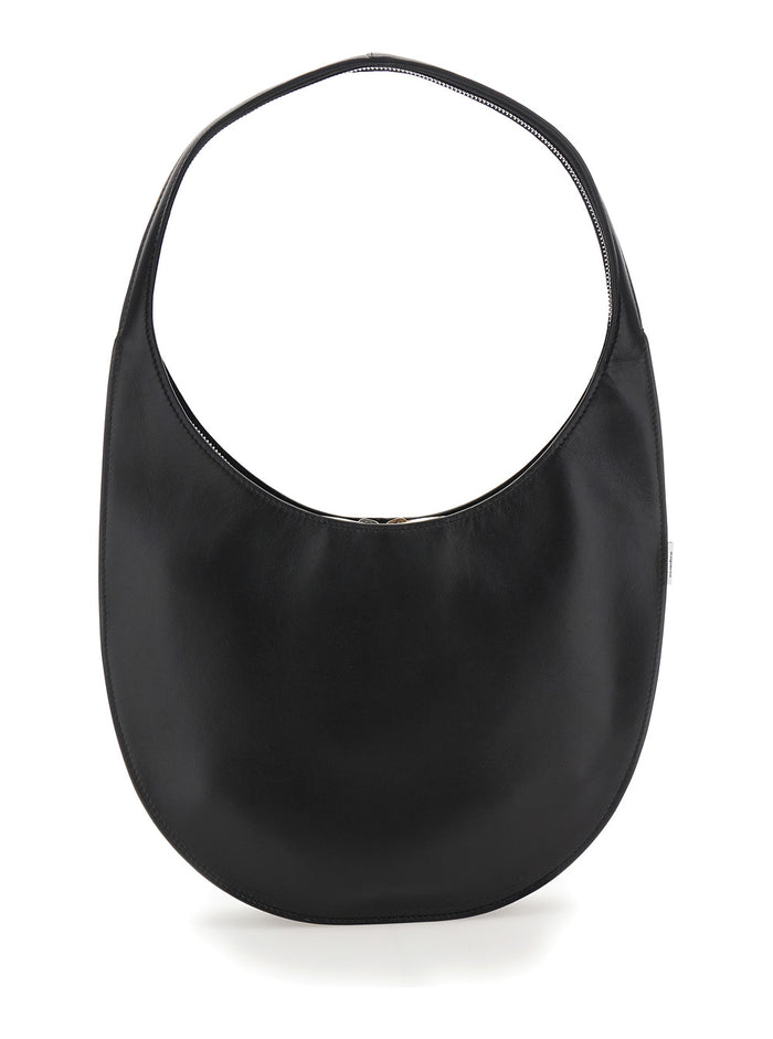 Swipe Medium Black Shoulder Bag with Logo on Front in Leather Woman Cow