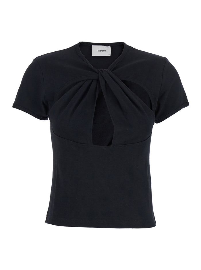 Black Top With V Neck And Cut-Out On The Front In Cotton Woman Organic Tops