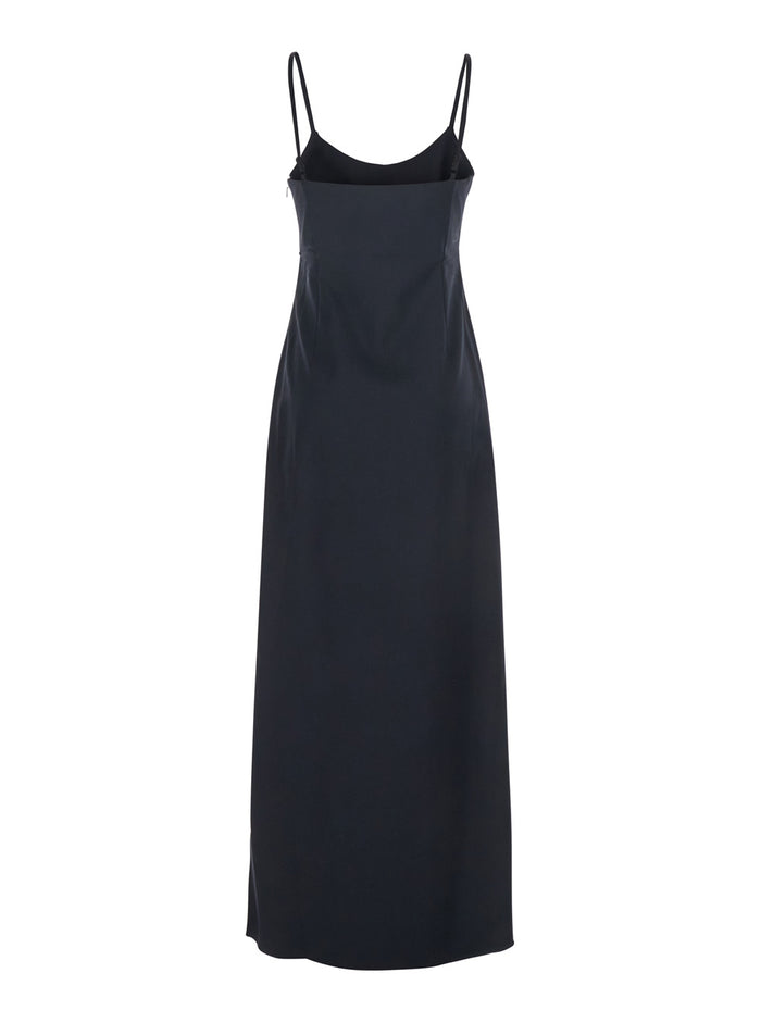 Black Long Dress with Thin Straps and Side Logo Plaque in Fabric Woman Cotton Polyester Elastane