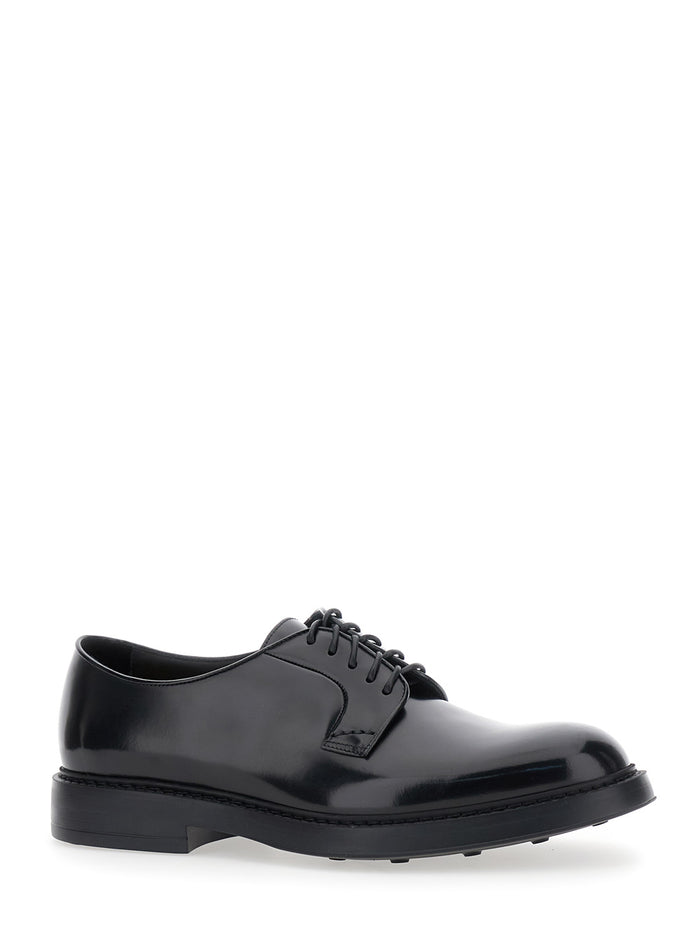 Black Classic Derby Shoes With Polished Finish Calf Man Lace