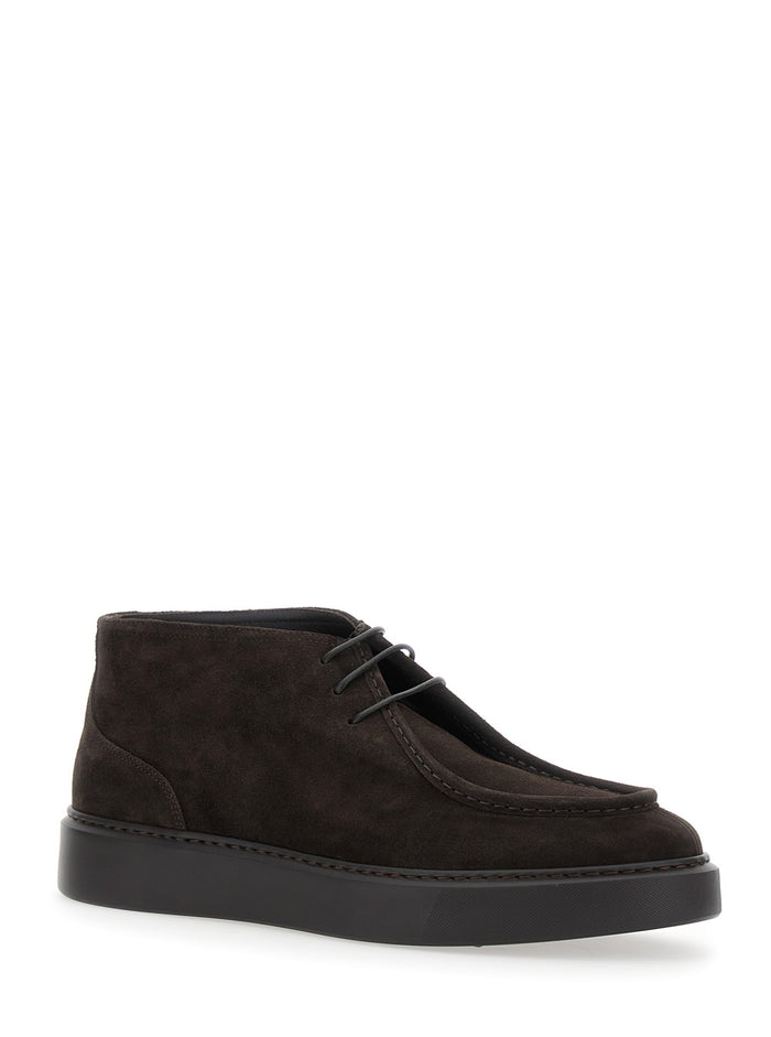Brown Lace-Up Shoes With Tone-On-Tone Stitching Suede Man Calf Lace