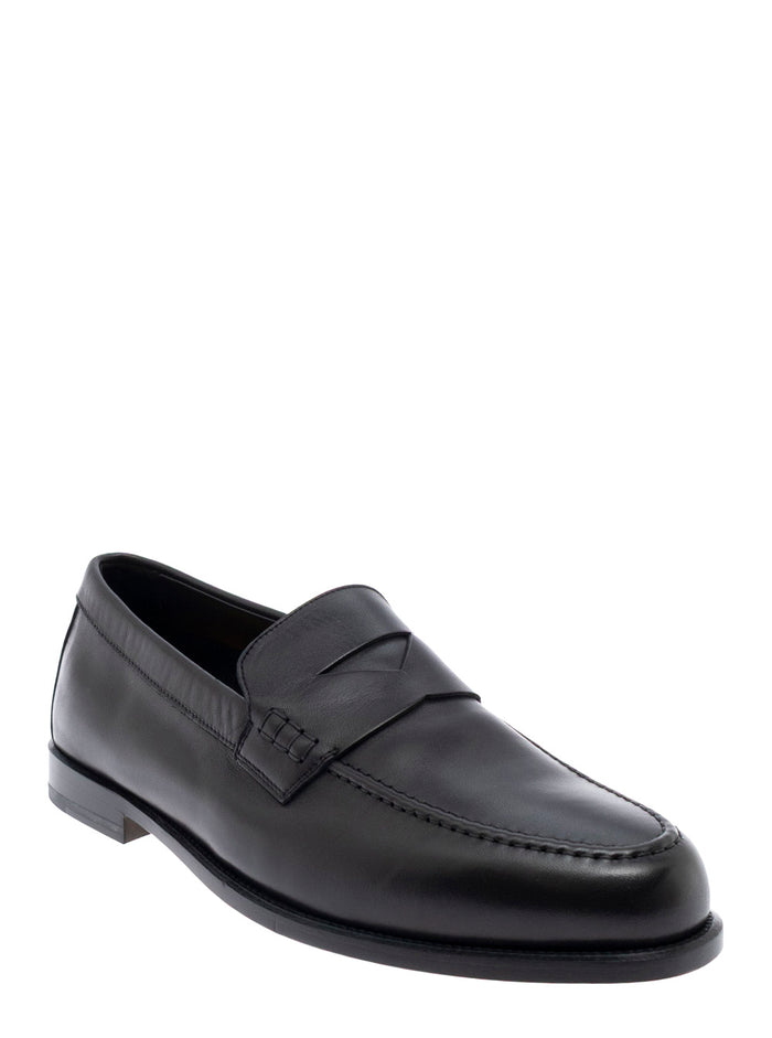 Black Loafers With Slip-On Deisgn And Almond Toe Leather Man