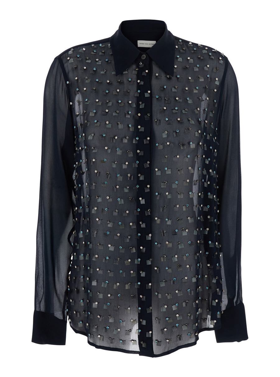 Blue Shirt With Crystal Application Viscose Blouses