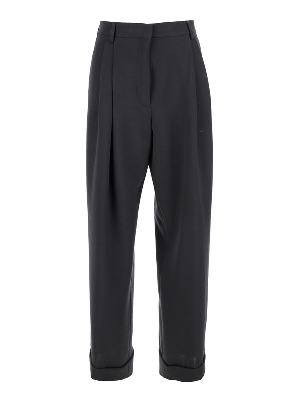 Grey Pants With Turn-Up Hem Wool Trousers