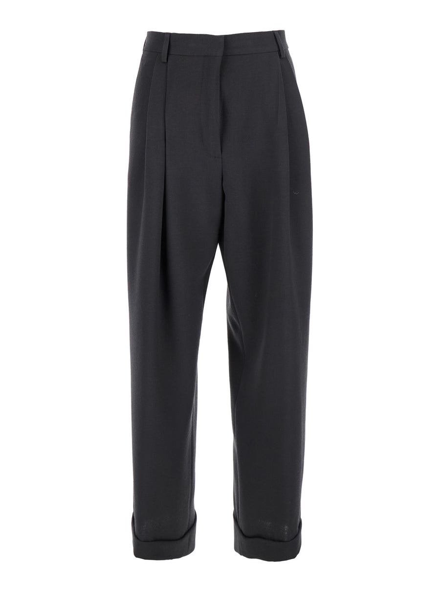 Grey Pants With Turn-Up Hem Wool Trousers
