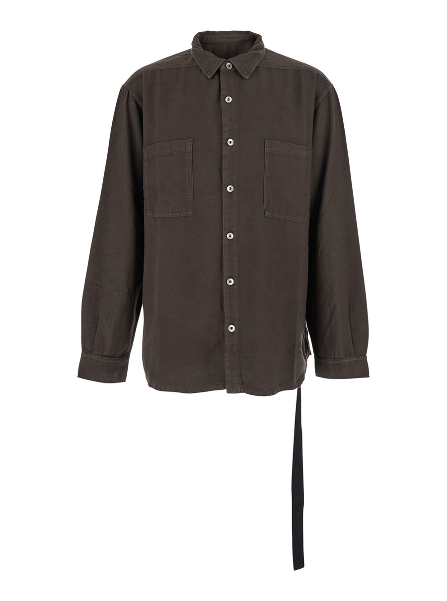 Brown Classic Collar Shirt With Lace Detail Cotton