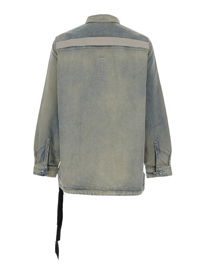 Light Blue Jacket with Classic Collar and Drawstring Detail on the Waist in Denim Man Grey Cotton Outerwear