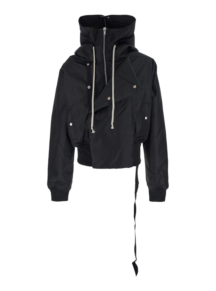 Alice Black Jacket With Oversized Hood And Asymmetrical Flap Tech Fabric Man Nylon