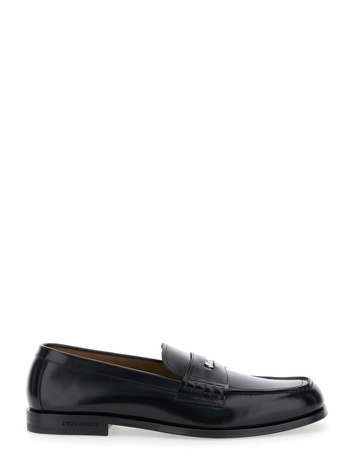 Black Loafers With Logo Plaque On The Front And Lettering Heel Leather Man Calf