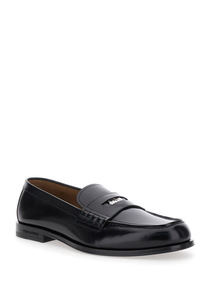 Black Loafers With Logo Plaque On The Front And Lettering Heel Leather Man Calf