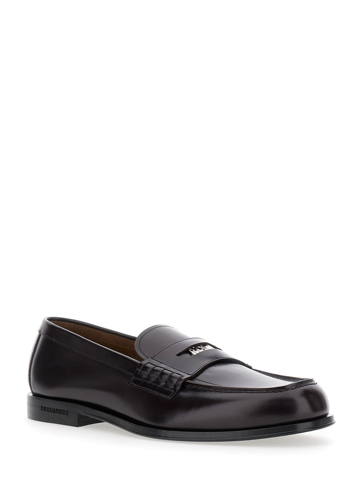 Bordeaux Loafers With Logo Plaque On The Front Leather Man Calf