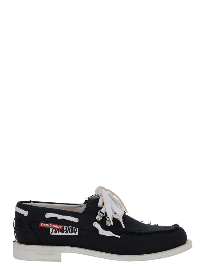 D2 X Magliano Black Loafers With Logo Patch On The Side And Front Laces Cotton Man