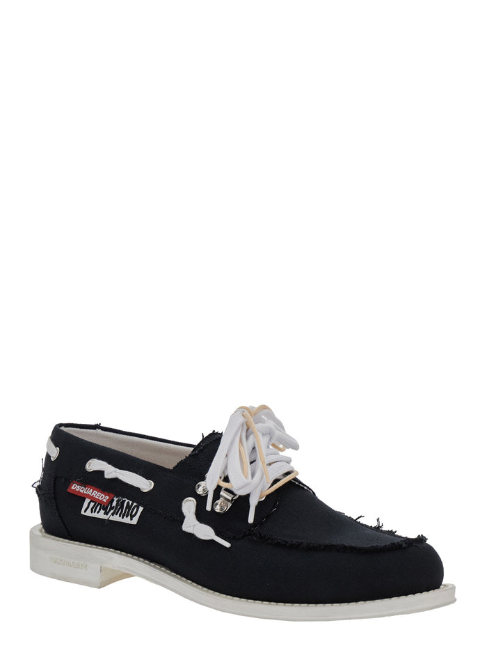 D2 X Magliano Black Loafers With Logo Patch On The Side And Front Laces Cotton Man