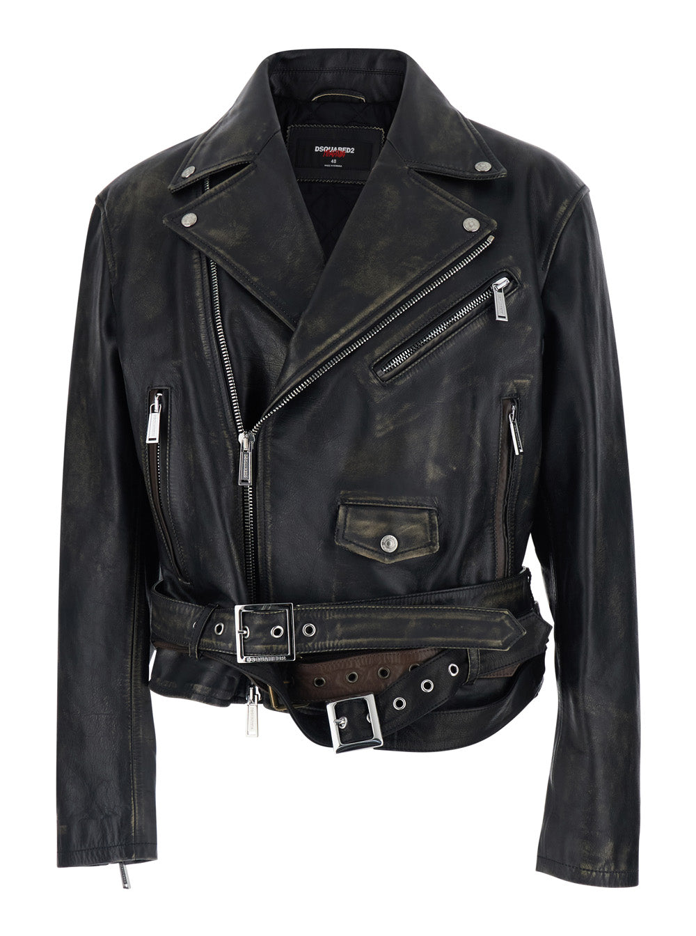 D2 x Magliano Black Biker Jacket with Wide Classic Lapels and Logoed Belt at the Waist in Leather Man Outerwear