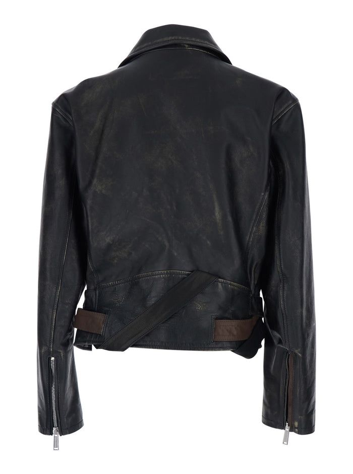 D2 x Magliano Black Biker Jacket with Wide Classic Lapels and Logoed Belt at the Waist in Leather Man Outerwear