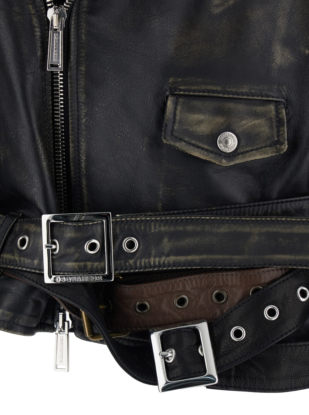 D2 x Magliano Black Biker Jacket with Wide Classic Lapels and Logoed Belt at the Waist in Leather Man Outerwear