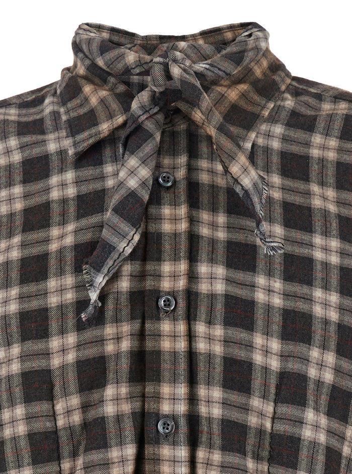 D2 x Magliano Brown Shirt with Tie Detail on the Front and All-Over Check Motif in Cotton Man Blouses