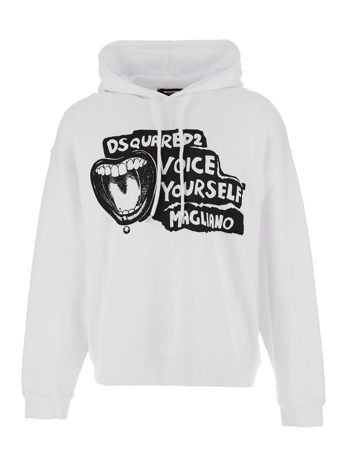 D2 x Magliano White Hoodie with Drawstring Hood Maxi Print on the Front in Cotton Man Sweatshirts