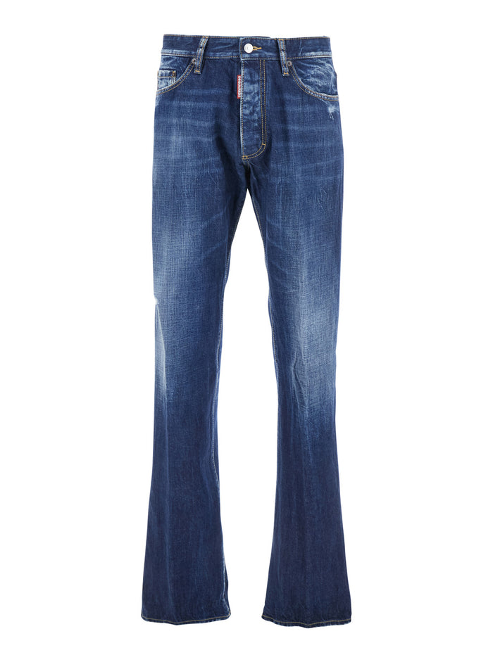 The American Blue Jeans with Logo Patch on Rear and Faded Effect in Denim Man Blu Cotton