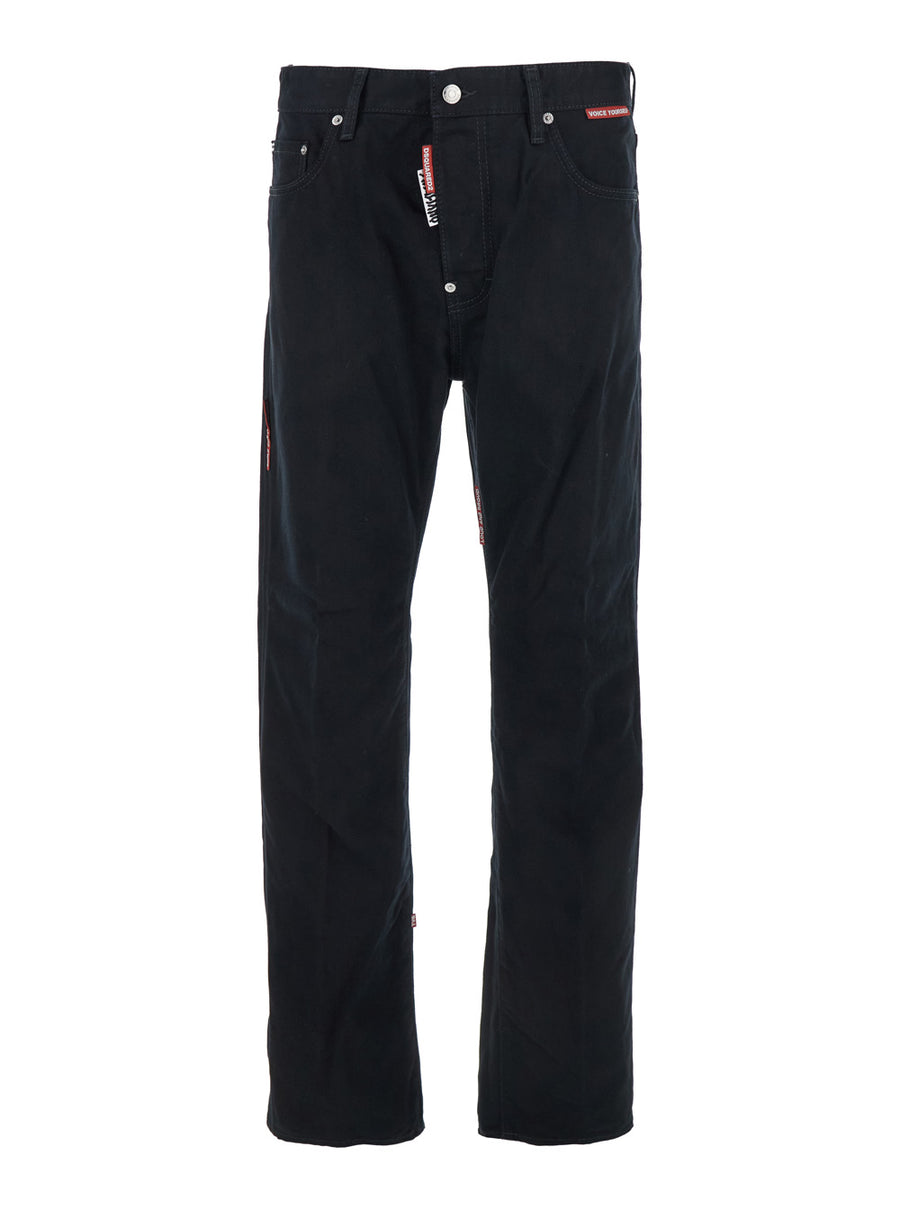 Black Jeans With Belt Loops And Logo Patch Cotton