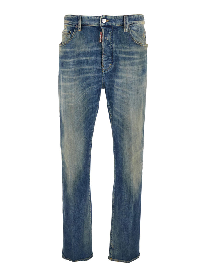 Blue Jeans with Logo Patch on the Rear and Distressed Effect in Denim Man Blu Cotton Polyester Elastane