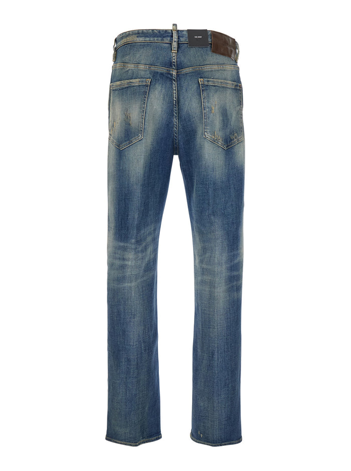 Blue Jeans with Logo Patch on the Rear and Distressed Effect in Denim Man Blu Cotton Polyester Elastane
