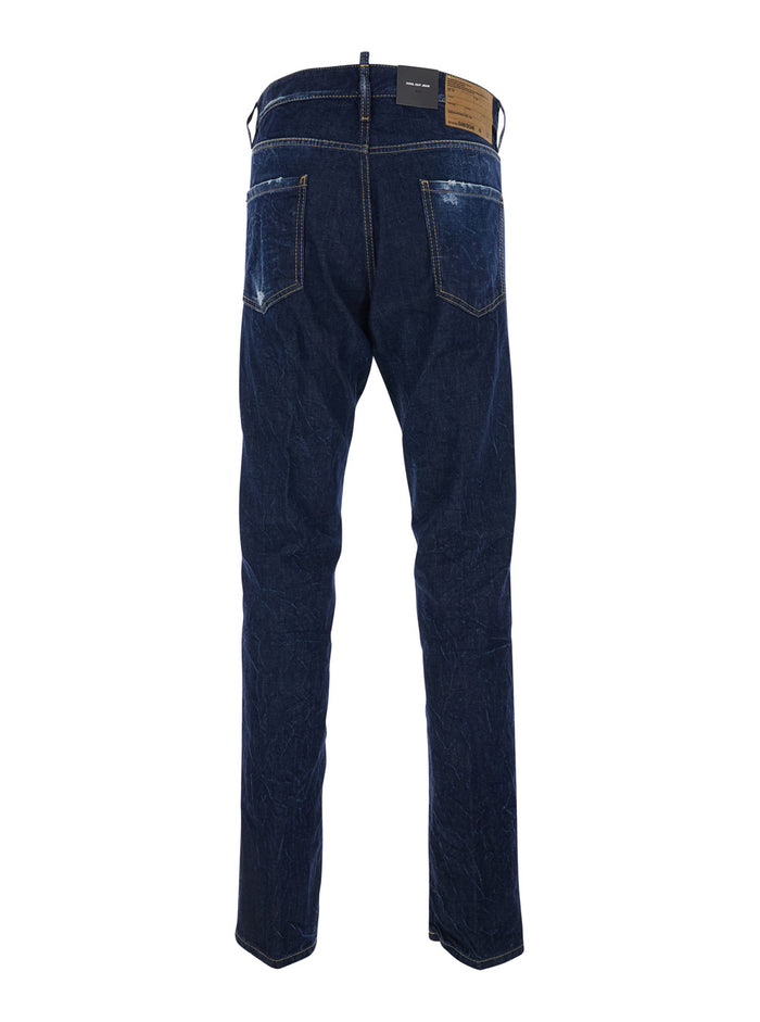 Cool Guy Blue Jeans with Logo Patch on the Rear and Ripped Details in Denim Man Blu