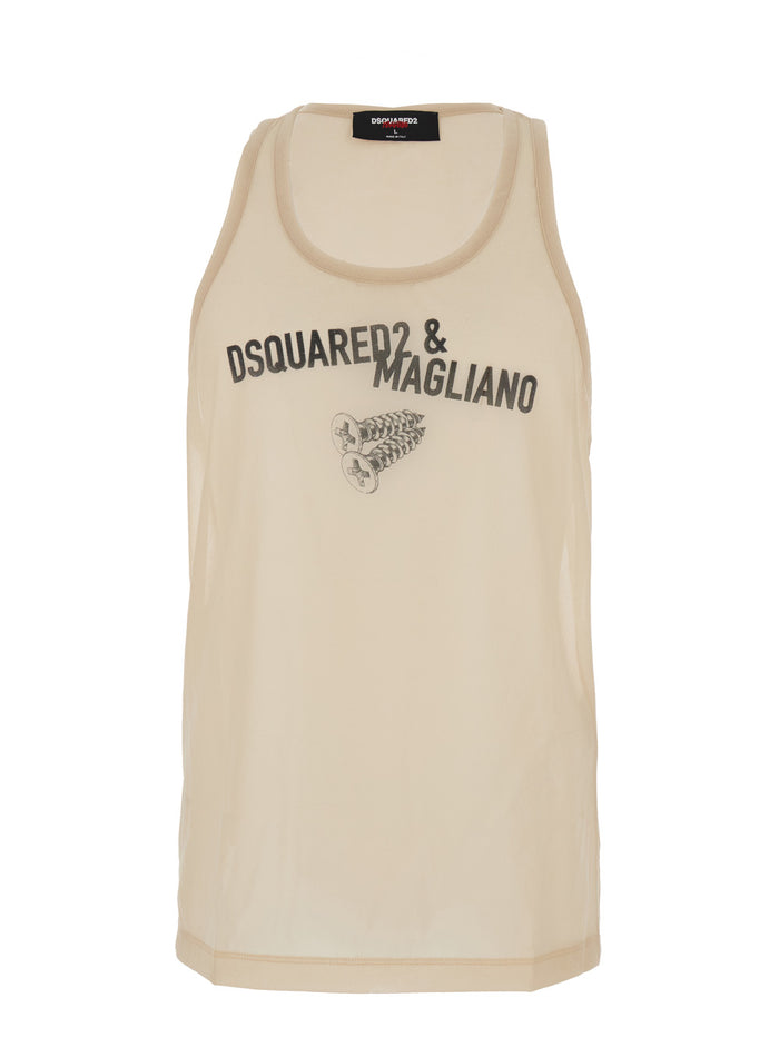 D2 x Magliano Beige Sleeveless Top with Logo Lettering on the Front in Cotton Man Tops